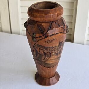 Hand Carved Wooden Vase Jar With a Unique  Design Village Scene Signed Rare